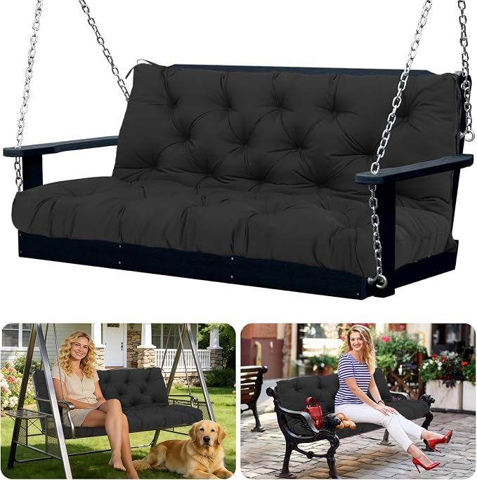 Porch Swing Cushions 2 Seater Replacement Thicken 5" Waterproof & Fade Resistant Swing Cushions for Outdoor Furniture Bench Patio Swing Cushion with Backrest & Ties(Black 48x40x5inch)