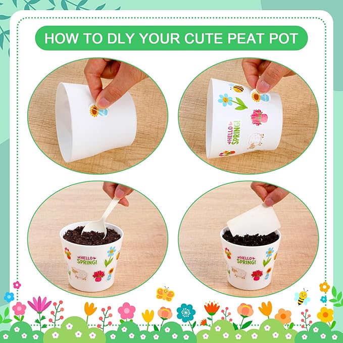 Domensi 30 Pack Garden Pot Craft Kit 4 Inch DIY Hello Spring Crafts for Kids Bulk Plastic Flower Plant Pot Plastic Planter with Tray Drainage Holes with Tag, Certificate of Award, Sticker