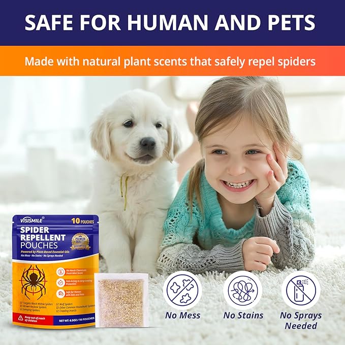 Spider Repellent Pouches Indoor and Outdoor:Effective Spider Deterrent for House Garage Attic - Safe for Kids and Pets with Plant-Based Essential Oils 10 Pack