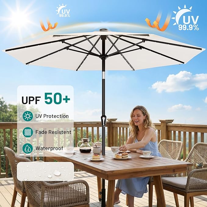 AreShark 9FT Patio Umbrella with Solar Lights, 32 Lighted Pool Umbrella w/Tilt and Crank, Outdoor Market Solar Umbrellas for Garden, Deck, Backyard, Pool and Beach, Cream-White