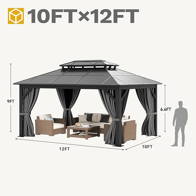DWVO 10x12ft Gazebo Hardtop Double Roof Polycarbonate Canopy Outdoor with Netting and Shaded Curtains, Aluminum Frame Garden Tent for Patio, Backyard, Deck and Lawns, Gray
