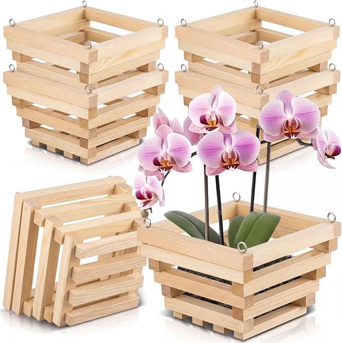 SiliFine 6 Sturdy Orchid Hanging Baskets, Wooden Plant Hanging Baskets, Handmade Inverted Trapezoidal Suitable for Orchids and Other Plants, Staghorn Ferns for Outdoor and Indoor Use, 6 Inch (Natural)