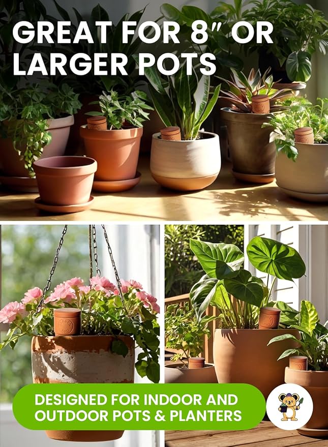 4pc Olla Watering Spikes For Plant Watering With Lids - Automatic Terracotta Self Watering Spikes For Indoor Plants & Outdoor - Terracotta Watering Spikes For 8" Pots Or Larger Water Plants While Away