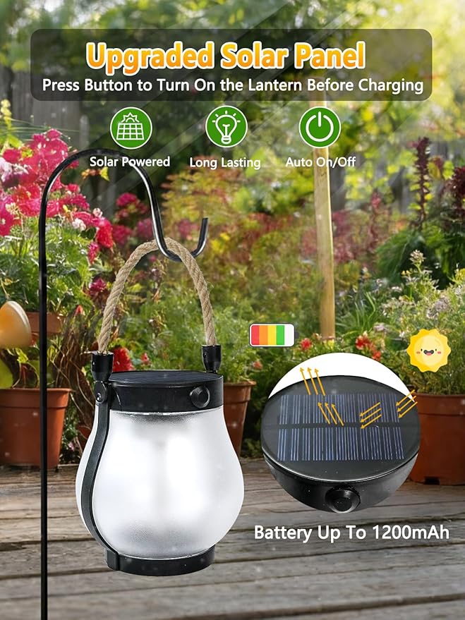 2 Pack Solar Lights Outdoor Waterproof, Solar Lantern with Dancing Flame, 2 Lighting Modes, Dual Charging USB & Solar Powered, with Hanging Rope Handle for Patio Yard Camp Garden Tree Tabletop Decor