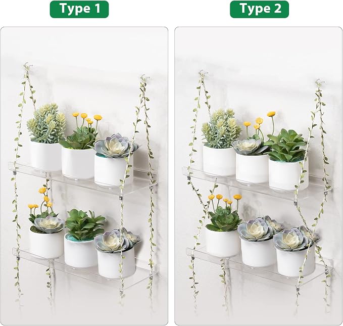 Sumerflos Acrylic Window Boxes Window Plant Shelves 2 Tier - Clear Hanging Shelf Indoor Jute Twine Adjustable Plant Holder for Window Wall Living Room Balcony Natural