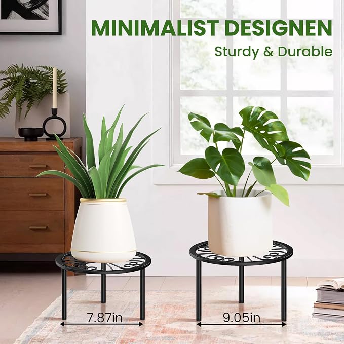 TOSKING Heavy Duty Metal Plant Stand - 9" Round Classic Scroll Pattern, Adjustable Non-Slip Leveling Feet, Rustproof, Decorative Display Shelf for Small to Medium Plants, Indoor/Outdoor, Black (9"Dia x 5.2"H)