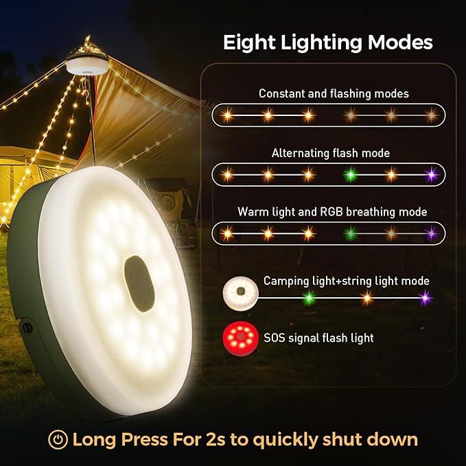 Camping String Lights, Quick Storage 32.8FT Rechargeable Tent Lights String with 8 Modes, Hanging Waterproof Portable LED Lamp for Camping Outdoor Patio Awning Garden Party Essentials