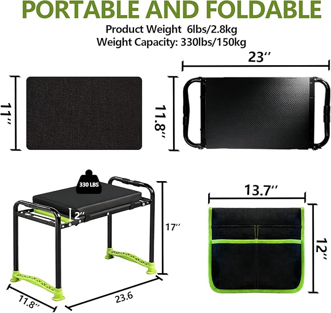 Garden Kneeler and Seat, Heavy Duty Gardening Stool with 1.8" Thick Detachable Kneeling Pad, Foldable Bench Chair with 2 Tool Pouches for Knee & Back Pain Relief for Women, Men, Seniors (Green)