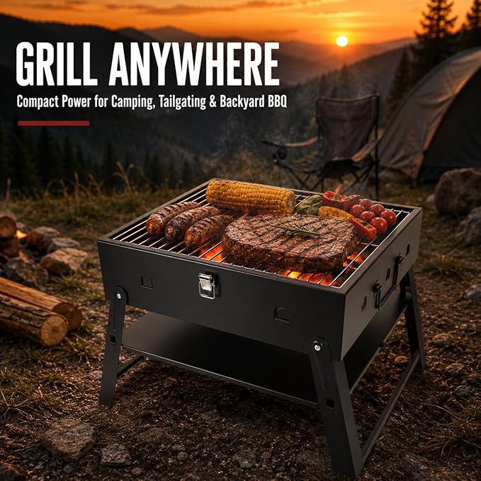 Portable BBQ Charcoal Camping Grill: Tabletop Folding Barbecue Grills for Outdoor Cooking, Beach, Travel, Tailgates, Fathers Day Birthday Grilling Gift for Men Dad Husband