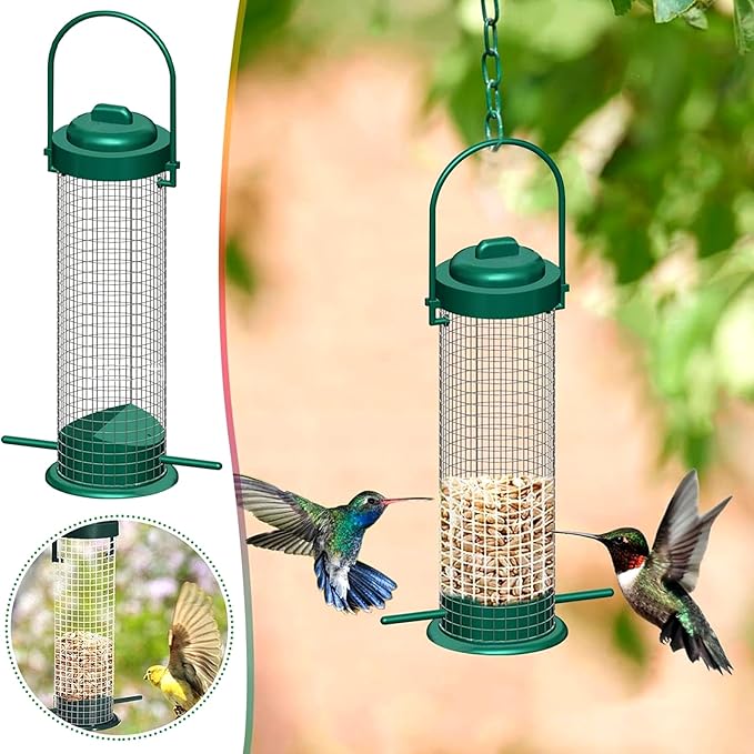 Metal Mesh Tube Bird Feeders for Outdoors Hanging, Squirrel Proof Wild Bird Feeders, Finch Bird Feeder for Thistle Seed, for Outside Cardinals Finches Blue Jays (2 Pack Green)