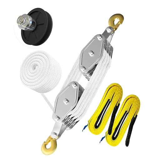 YATOINTO Rope Pulley Hoist 4400 LB, 8:1 Lifting Power Pulley Block and Tackle System, Pulley Block 2200LB Loading Capacity, 65ft Heavy Duty Rope Hoist for Lifting Pulling (with 2PCs Straps)