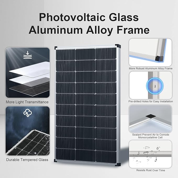 Solar Panels 200 Watt, 2PCS 100 Watt Solar Panel 18V N-Type 16BB Grade A+ Cells 25% High-Efficiency, 120 Watt Peak Solar Panel for RV Marine Rooftop Farm Battery and Other Off-Grid Applications