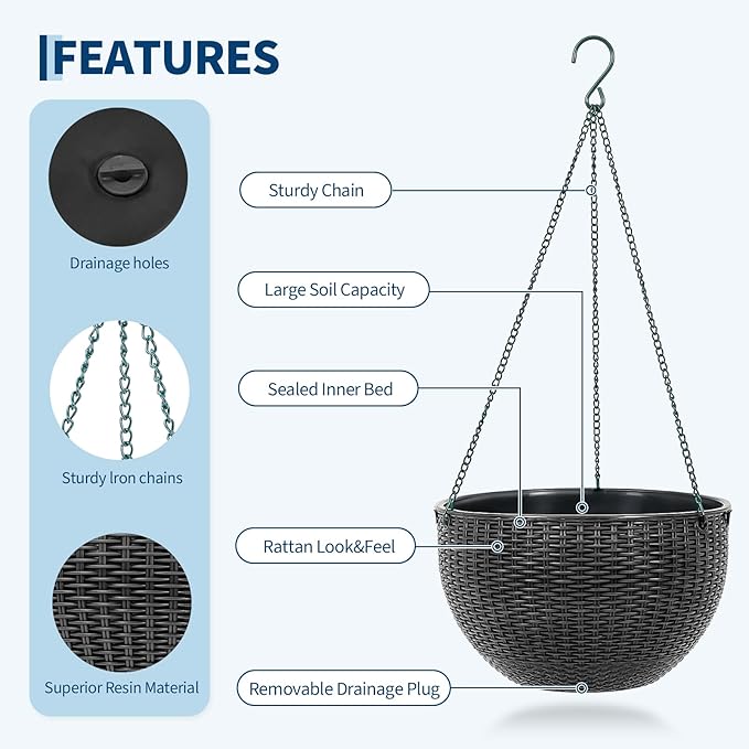 13.8 Inch Self Watering Hanging Planter, 2PCS Round Resin Hanging Basket for Indoor Outdoor Plants, Rattan Look Flower Pot with Drainage Plug, Deep Inner Pot and Sturdy Metal Triple-Chain Hanger