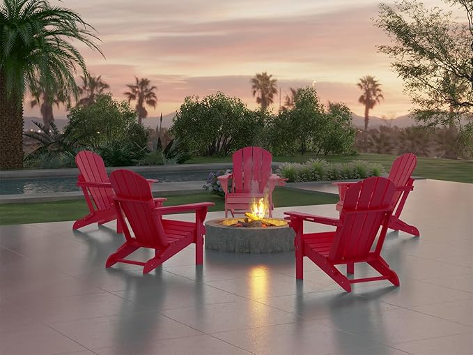 Ciokea Folding Adirondack Chair 4 Pack, Patio Adirondack Chair Weather Resistant, Plastic Fire Pit Chair with Cup Holder, Lawn Chair for Outdoor Porch Garden Backyard Deck (Red)