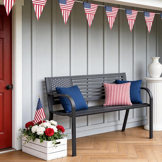 Outdoor Garden Bench with Classic Stars and Stripes Metal Backrest 2 Pack, Metal Bench, 2-Person Patio Bench for Outside Seating, Cast Iron Steel Porch Yard Lawn Furniture, Black