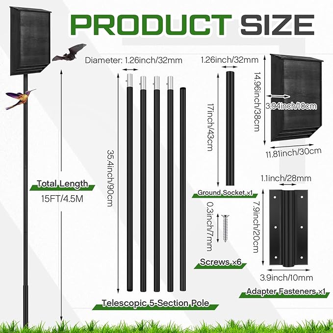 Yaocom 15 FT Telescoping Purple Martin House Pole,Aluminum Bat House Kit with Ground Socket, Adjustable Heavy Duty 5-Section Round Pole, Purple Martin Bird Accessories for Outdoors (Black)