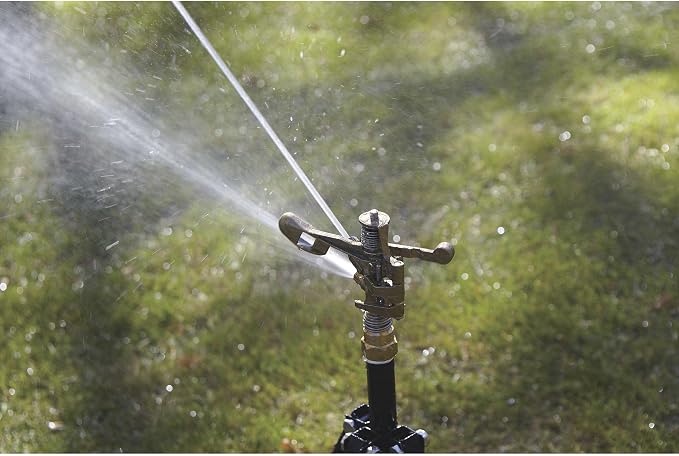 Strongway Tripod Sprinkler with Round Base, 3/4 in. Brass Head with 2 Nozzles, 100 Ft. Diameter Coverage, 7800 Sq. Ft., 6-10 GPM, Adjustable Full and Partial Circle, for Lawn and Garden