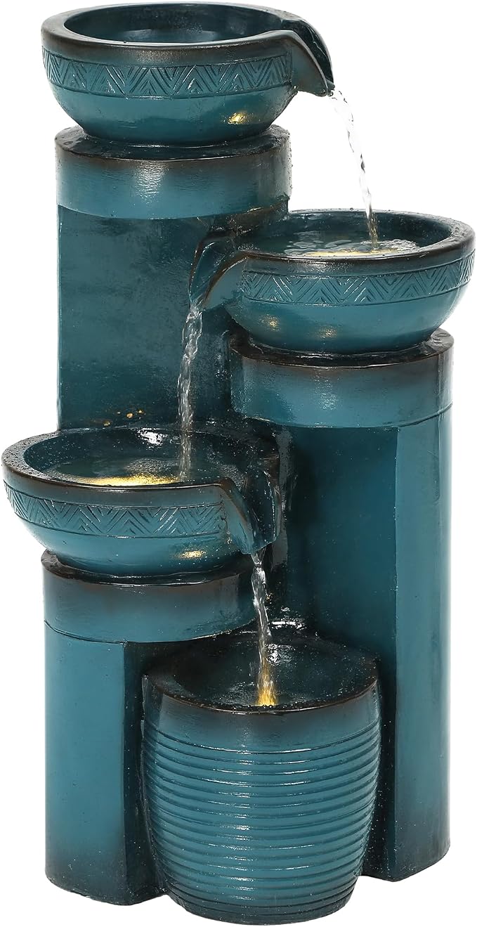 AUTODAYA 19.3" Outdoor Water Fountain with LED Lights, 4-Tier Cascading Water Feature with Pump, Turquoise Faux Ceramic Pedestal Waterfall for Garden, Patio, Yard or Porch