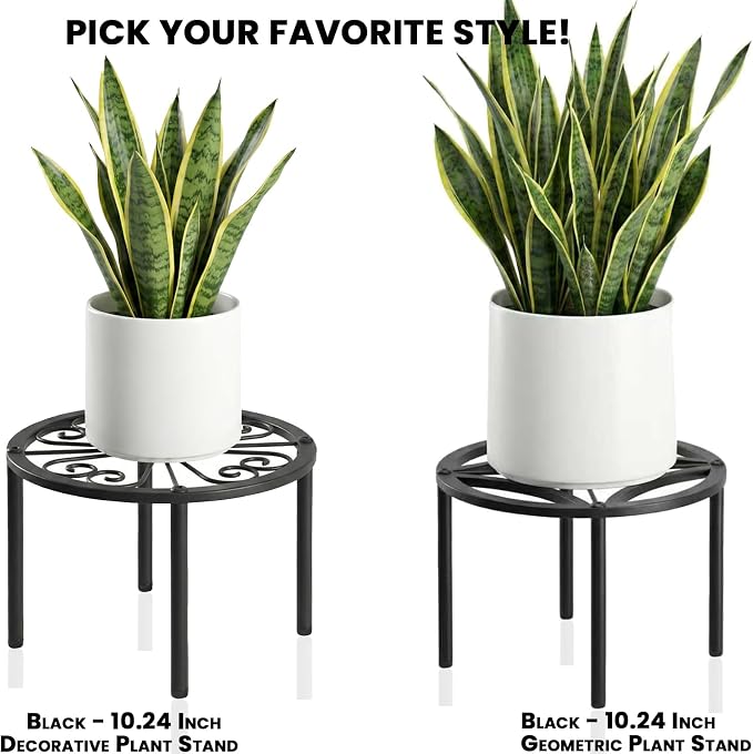 TOSKING Heavy Duty Metal Plant Stand – 120 lbs Capacity, 10.2" Modern Geometric Pattern Round Stand for Medium to Large Pots, 4 Adjustable Feet & Rustproof, Indoor/Outdoor, Black (10.2" D x 7.9" H)