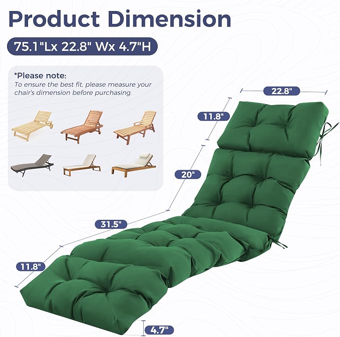 Outdoor Chaise Lounge Cushions 75.1x22.8x4.7 Inch, Waterproof Lounge Chair Cushions for Pool, Patio, Deck, Lawn, Fade Resistant Lounge Cushions for Outdoor Furniture, Forest Green, Set of 2