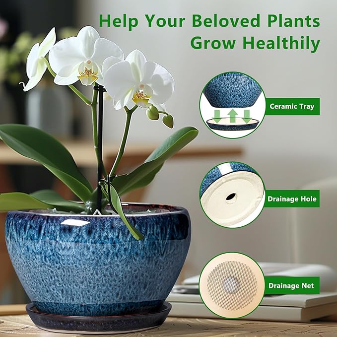Ceramicfor Ceramic Pots for Plants - 9 Inch Plant Pot Indoor with Drainage Hole and Saucer, Ceramic Planters for Outdoor Plants, Round Modern Flower Pot, Housewarming Gifts, Home Decor, Blue