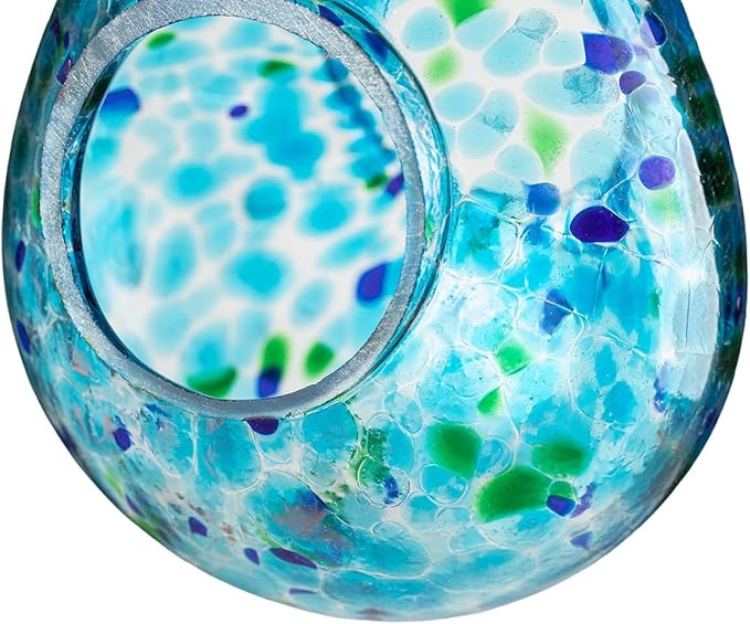 Glitzhome Glass Bird Feeder for Outdoors, 6.75" H Blue Dots Teardrop Hanging Birdfeeder for Garden Tree Yard Outside Decoration