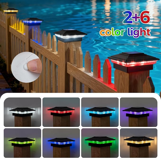 6Pack Solar Post Cap Lights - 8 RGB Color Changing Modes & Multicolor Flow, IP65 Waterproof - for 4x4/6x6 Wood & 4x4/5x5 Vinyl Fence Posts - Outdoor Deck, Patio, Garden Lights (Black)