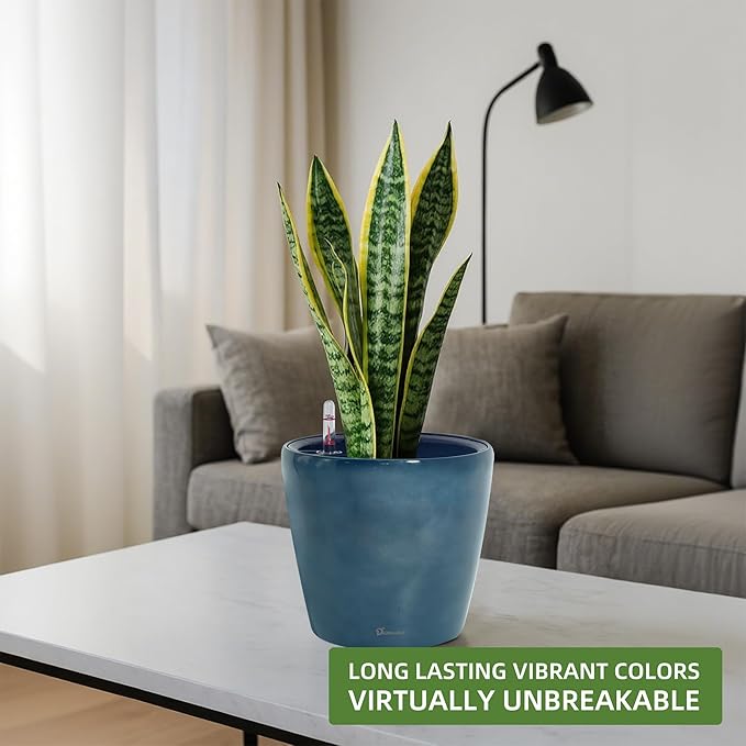 Dexceder 11x10 Self Watering Planter (Grayish Green Gradient) | Inner Pot Design, Thickened Table Flower Plant Pot with Water Level Indicator Indoor Outdoor