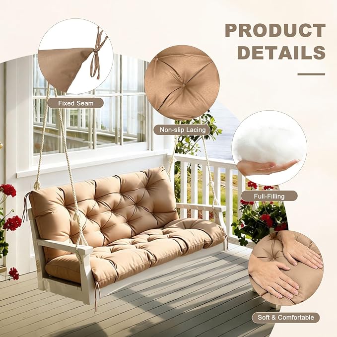 Porch Swing Cushion with Backrest,Waterproof Bench Cushion for Outdoor Furniture,2-3 Seater Replacement Thickened Swing Cushion with Ties,Patio,Outdoor,Backyard and Garden (Khaki,47x40)