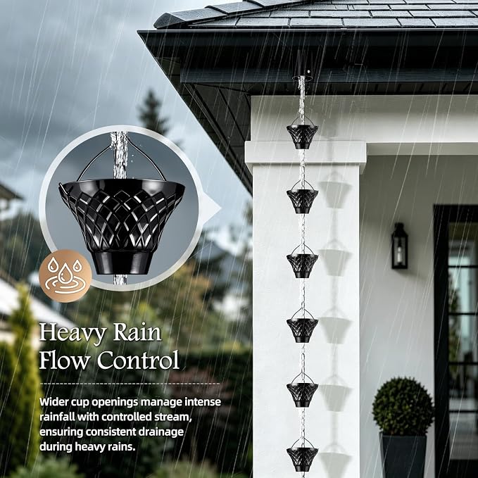 Rain Chains for Gutters Outside 8.5FT Black Rain Catcher Chain with Adapter 12 Cups Decorative Replacement for Downspout