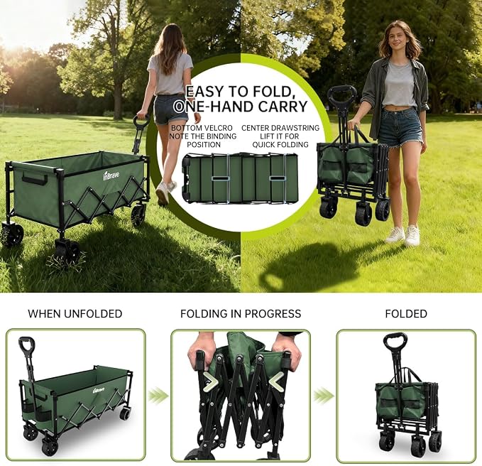 Extra Long Collapsible Wagon Cart, 480LBS Heavy Duty Utility Wagons with All-Terrain Wheels, Foldable Grocery Carts for Gardening, Shopping, Beach, Camping, Army Green