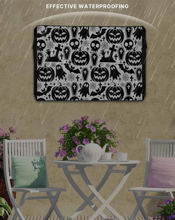 Outdoor TV Cover for Outside Flat Screen,Halloween Horror Skull Pumpkin Ghost,600D Thick Waterproof Weatherproof Outdoor TV Screen Protector with Zipper for 52 to 55 Inch Flat Screens