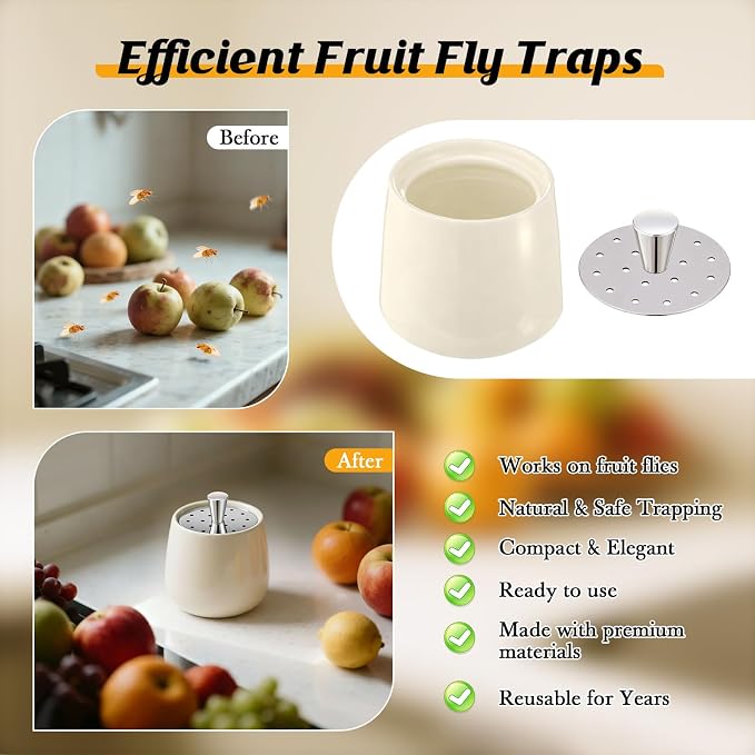 Ceramic Fruit Fly Trap for Indoors, Reusable Kitchen Fly Catcher with Stainless Steel Vent Lid, Uses Safe & Natural Vinegar Bait Trap, Dishwasher Safe, Easy to Use(White,2 Pack)