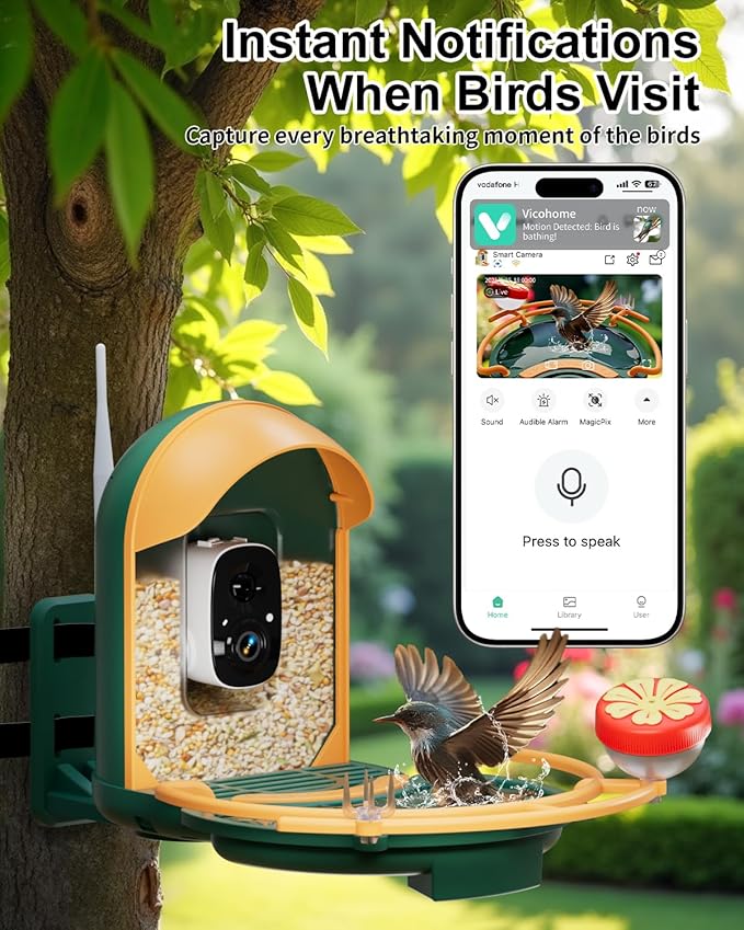 Bird Feeder with Camera, 2K HD Camera Birds Feeder with Bath Wireless Outdoor, Solar Powered Bird Watching with APP Control, Night Vision, Motion Detection Alerts, Birdfeeder for Backyard, Dark Green