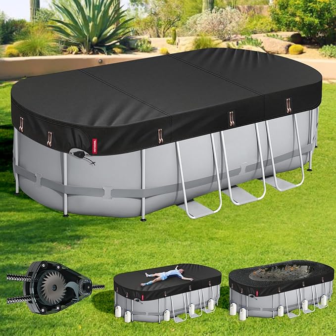 QH.HOME 7x10ft Oval Pool Cover,[Ultimate Windproof & Tear-Resistant Fabric],Snug Fit with Patented Ratchet & Weight Rings,Solar Pool Cover for Above Ground Pools, Blocks Leaves &Waterproof