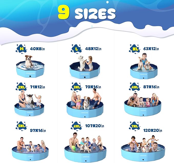 COMMOUDS 120 Inch Foldable Dog Pool, Extra Large Collapsible Hard Plastic Dog Kiddie Family Swimming Pool, Portable Pet Bath Tub Wading Pools for Kids and Puppy Small Medium Large Dogs