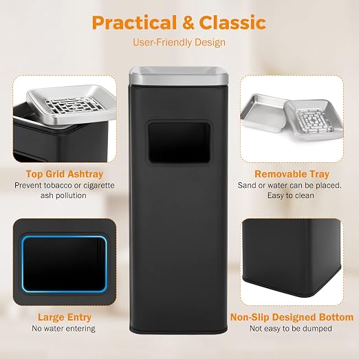 BEAMNOVA Outdoor Trash Can Black Indoor Stainless Steel Commercial Garbage Can Industrial Garbage Enclosure Inside Cabinet with Lid Waste Container, Black, 25 * 25 * 68 cm / 9.8 * 9.8 * 26.8 in