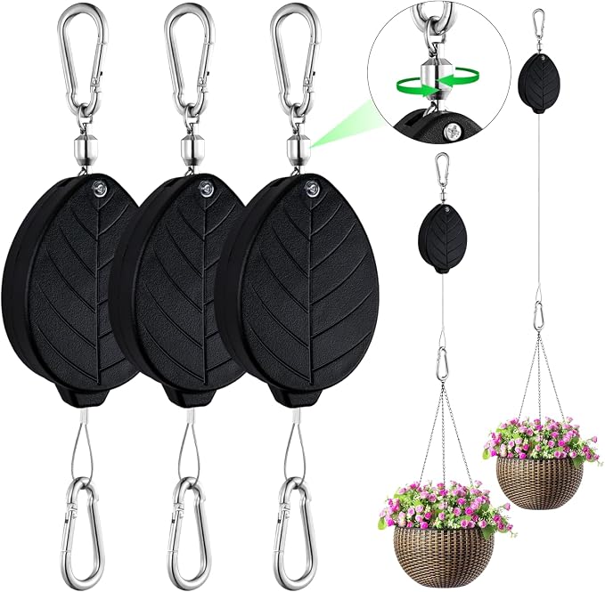 Heavy Duty Retractable Plant Hangers, Adjustable Pull-Down Pulleys with 63" Stainless Steel Rope, Double Hooks for Hanging Plants, Bird Feeders, Planters & Pots, Indoor & Outdoor Use (3Pcs- Black)