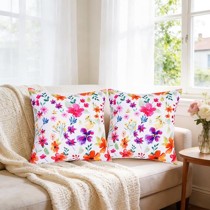 SquarePie Outdoor Pillow Covers 18x18 Inch Set of 2 - Waterproof Colorful Flowers Cushion Covers for Patio Garden Furniture, Watercolor Bloom Floral Decorative Throw Pillow Cases for Couch Sofa Bench