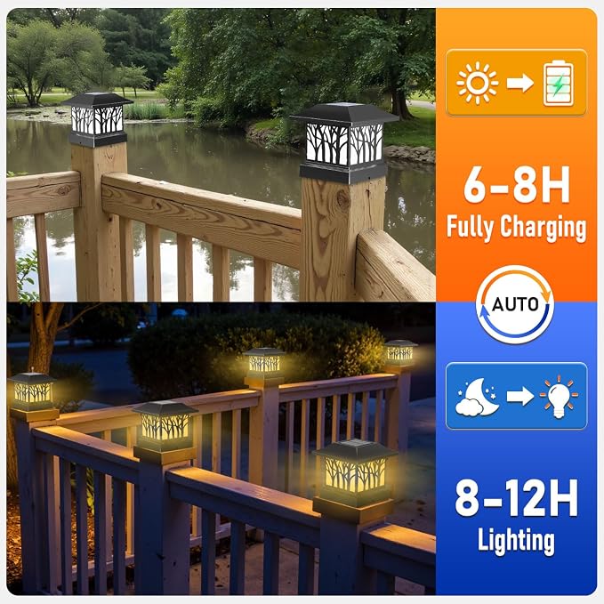 2 Pack Solar Post Cap Lights, Outdoor Fence Solar Powered Cap with 4 Lighting Modes Waterproof Light Decorative for Deck Patio or Garden Decor, Fits 4x4 Wood Vinyl Posts (Tree-Pattern Design)