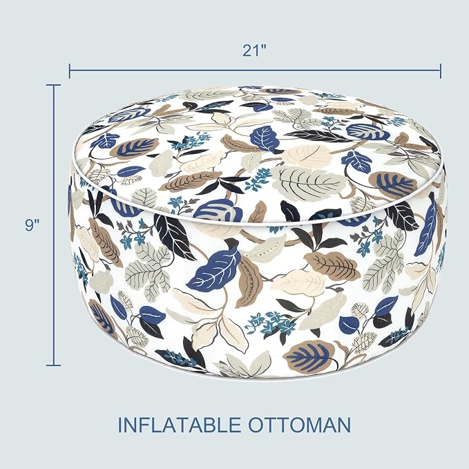 LVTXIII Outdoor Inflatable Ottoman, 21"x21"x9" Patio Fade-Resistant Footrest Stool with Handle, Portable Round Ottoman Pouf for Patio Garden, Camping or Home Use, Breeze Leaves Beige