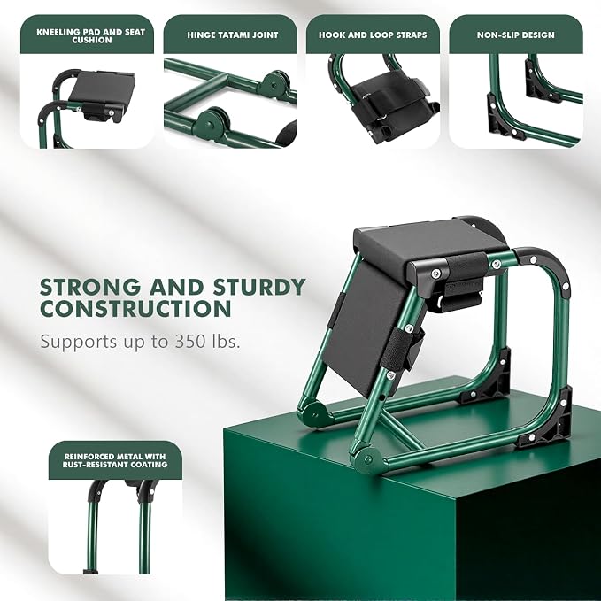 Tcoivs Knee Seat, Foldable Garden Kneeler and Seat, with Adjustable Kneeling Pad and Soft Seat Cushion, Supports Up to 350 LBS