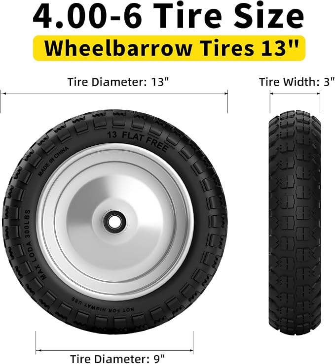 RONPOW 4.00-6 Flat Free Tire and Wheel, 13 Inch Solid Garden Wheelbarrow Tires, 300Lbs with 5/8" & 3/4" Axle Hole, 1"-3.5" Hub for Garden Cart, Wheelbarrow, Hand Truck, for Home Farm, 2Pcs Gray