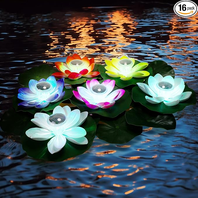VIHOSE 6 Pcs Solar Floating Pond Lights Waterproof Solar Lotus Floating LED with 10 Pcs Lily Pads Swimming Pool Pond Flower Night Lights for Patio Garden Pool Outdoor Party Decorations