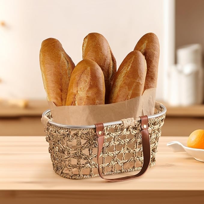 Farmhouse Seagrass Egg Baskets for Collecting Fresh Eggs Handmade Egg Collecting Basket Wicker Oval Storage Basket for Picnic, Harvest, Vegetable
