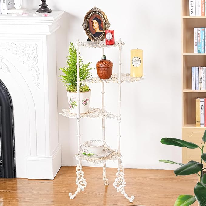 Sungmor Vintage Cast Iron 4-Tier Plant Stand, Elegant Butterfly & Floral Design with Antique White Finish, 36 Inch Tall Rustic Flower Pot Holder, Heavy Duty Metal Display Stand for Indoor and Outdoor