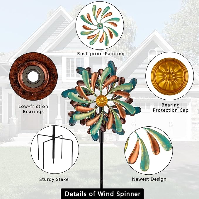 Stargarden Wind Spinners Outdoor, 13.2" Dia Metal Wind Spinner with Stake, Decorative Windmill for Yard Garden Lawn