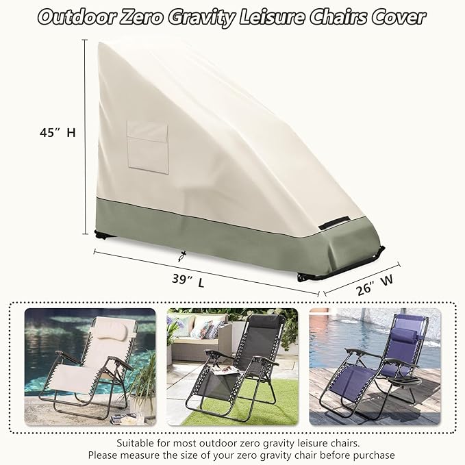 Zero Gravity Chair Cover,Outdoor Heavy Duty 600D Waterproof Zero Gravity Lounge Chair Cover,Patio Folding Zero Gravity Recliner Cover.Beige & Green,39" L x 26" W x 45" H.