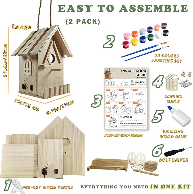 Large Wood Bird Houses for Outside Clearance,Woodworking Adult Crafts & DIY Bird House,Build it Yourself Birdhouse for Adults and Kits to Build, Hanging Birdhouse for Garden Yard Decor Gifts (2 Pack)