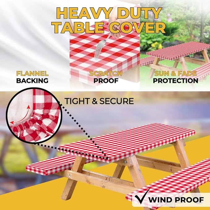 RNOONY Vinyl Fitted Picnic Table Cover with Bench Covers and Bag,8ft Outdoor Waterproof Picnic Tablecloth with Elastic Edges, 96x30 Inches 3 Pcs Set (Red Checkered)